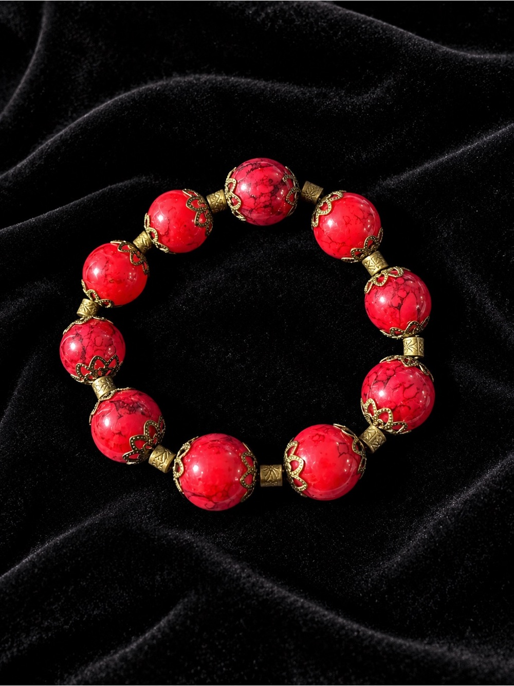 Red Beaded Stretch Bracelet with Antique Gold Accents